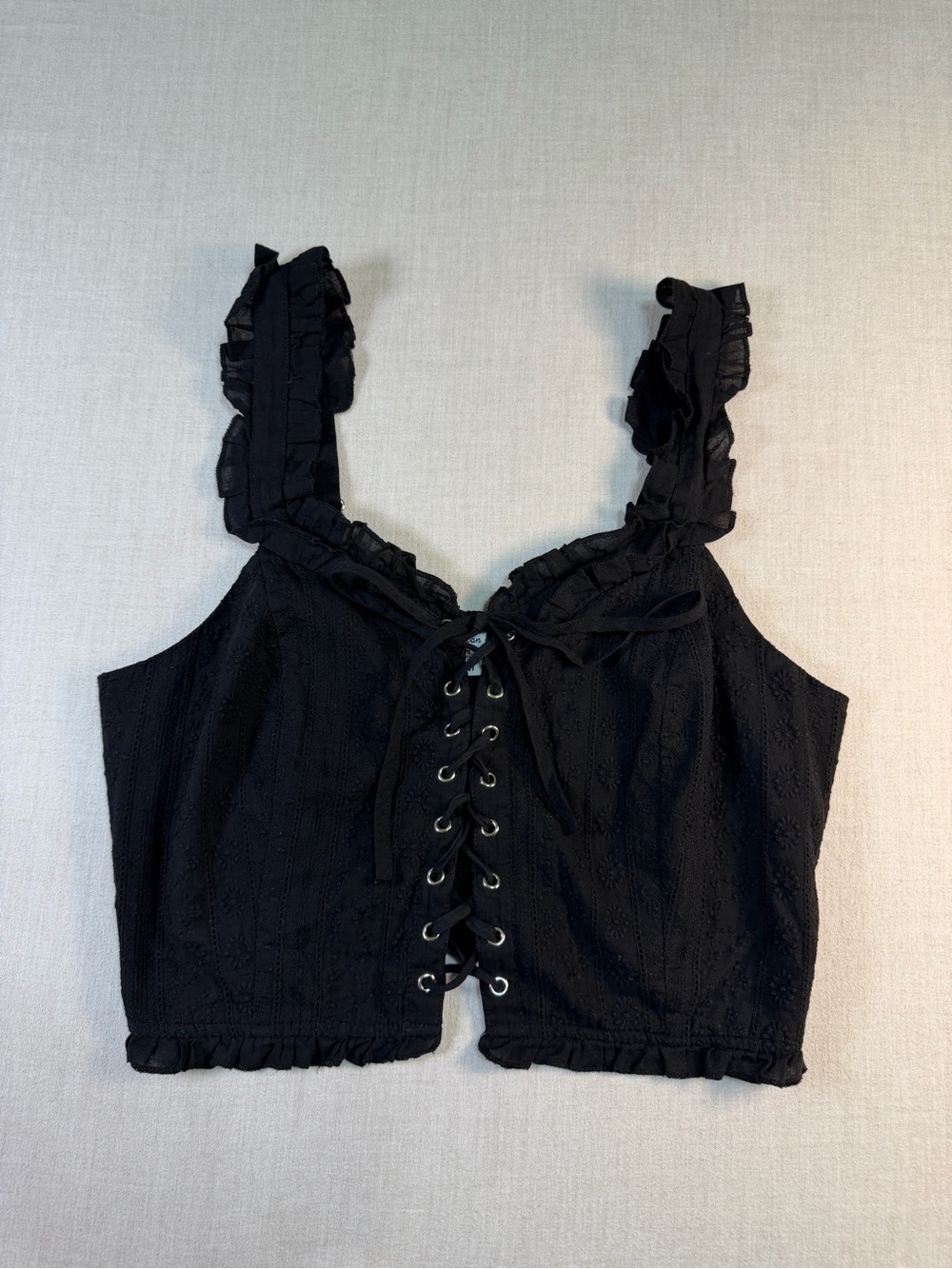American Flirt Black Eyelet Lace-Up Corset Crop Top Ruffle Straps M